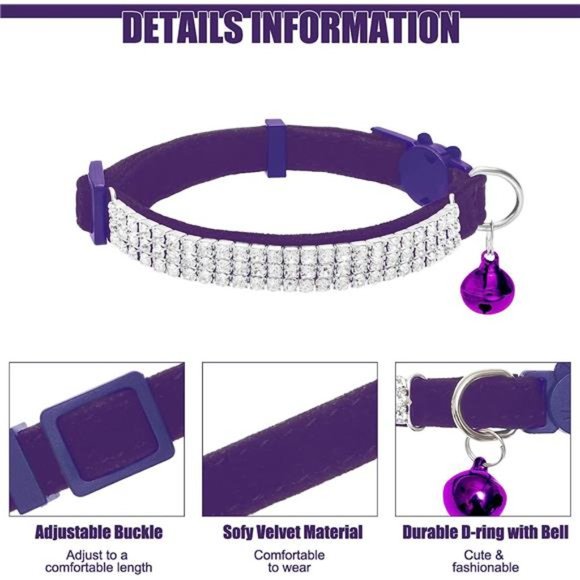 Soft Velvet Safe Cat Collars for Girl Cats -2 Pack Rhinestones Bling Diamante - Picture 4 of 6